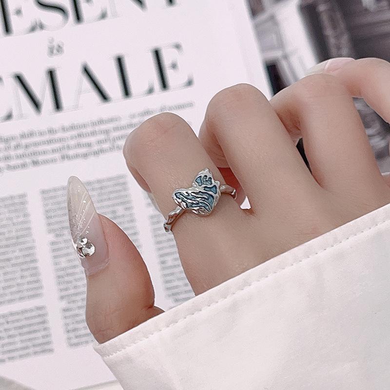 Sea Blue Love Dripping Oil Irregular Folds Personalized Ring Niche Design Cold Wind Couple Open Ring Gift