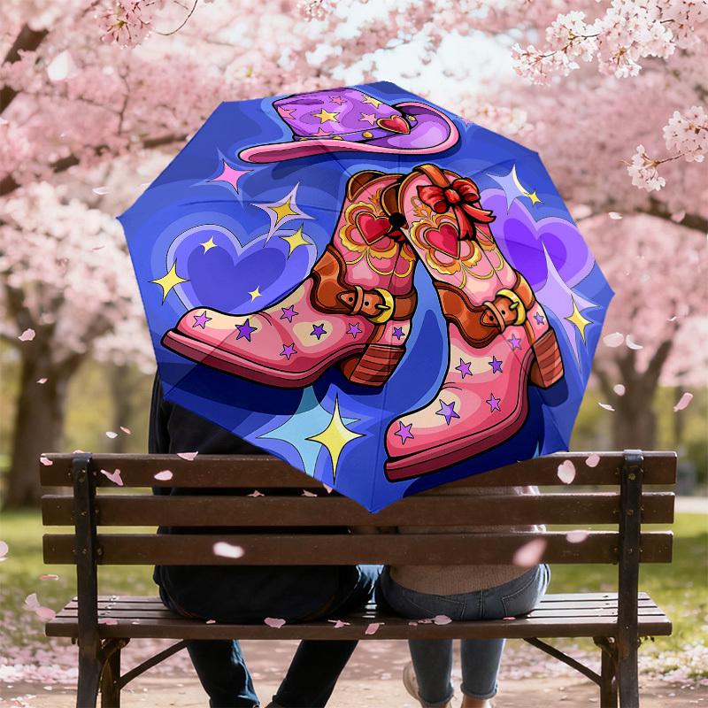 1pc Cowboy Boots Starry Hat Automatic Open/Close Umbrella with Windproof, 8-Rib Sturdy Canopy, Durable Ribs, Fashionable Design1149A