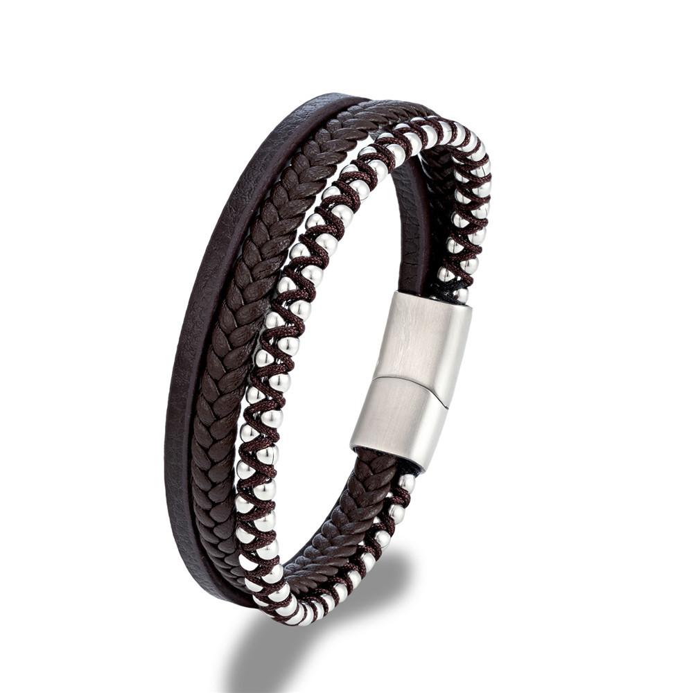 High Quality Handmade Braided Genuine Leather Bracelet Stainless Steel Magnetic Clasp Silver Beads Men Leather Bracelet Jewelry