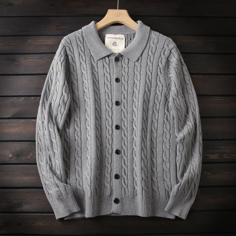 Classic Old Money Style Soft Fleece/Cotton Foreign Trade Tail Goods Men's Autumn and Winter Knit Cardigan Lapel Sweater Outerwear