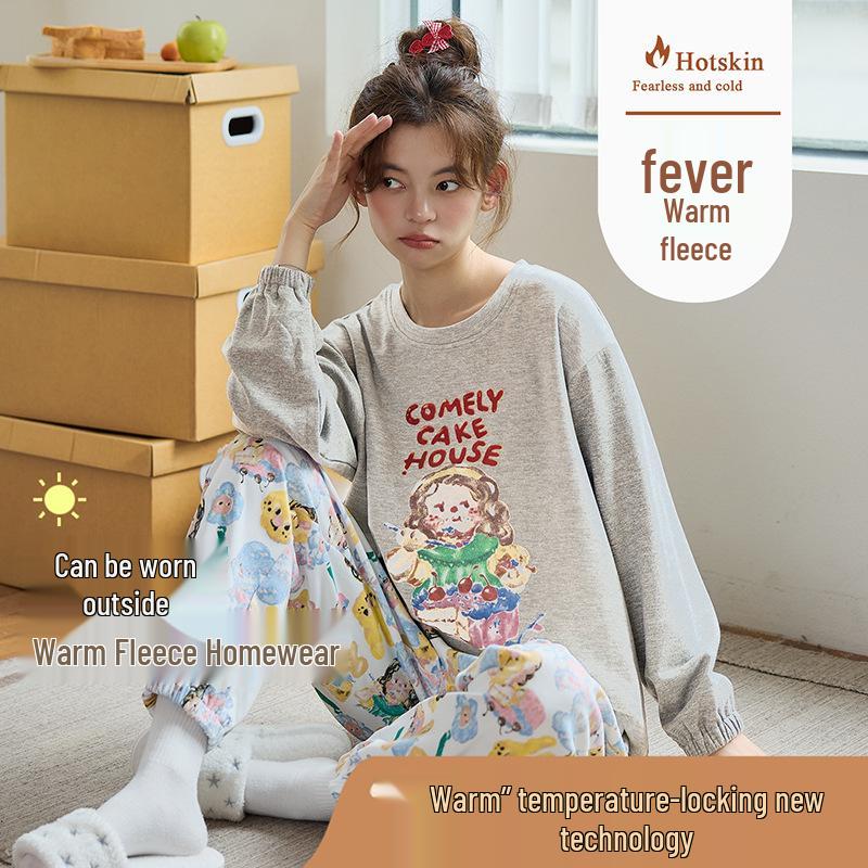 

Комплект женской пижамы из рубчатого кашемира с мультяшным принтом на 2025 год - Уютный пуловер с длинным рукавом для осени/зимы, подходит для ношения как дома, так и на улице XL