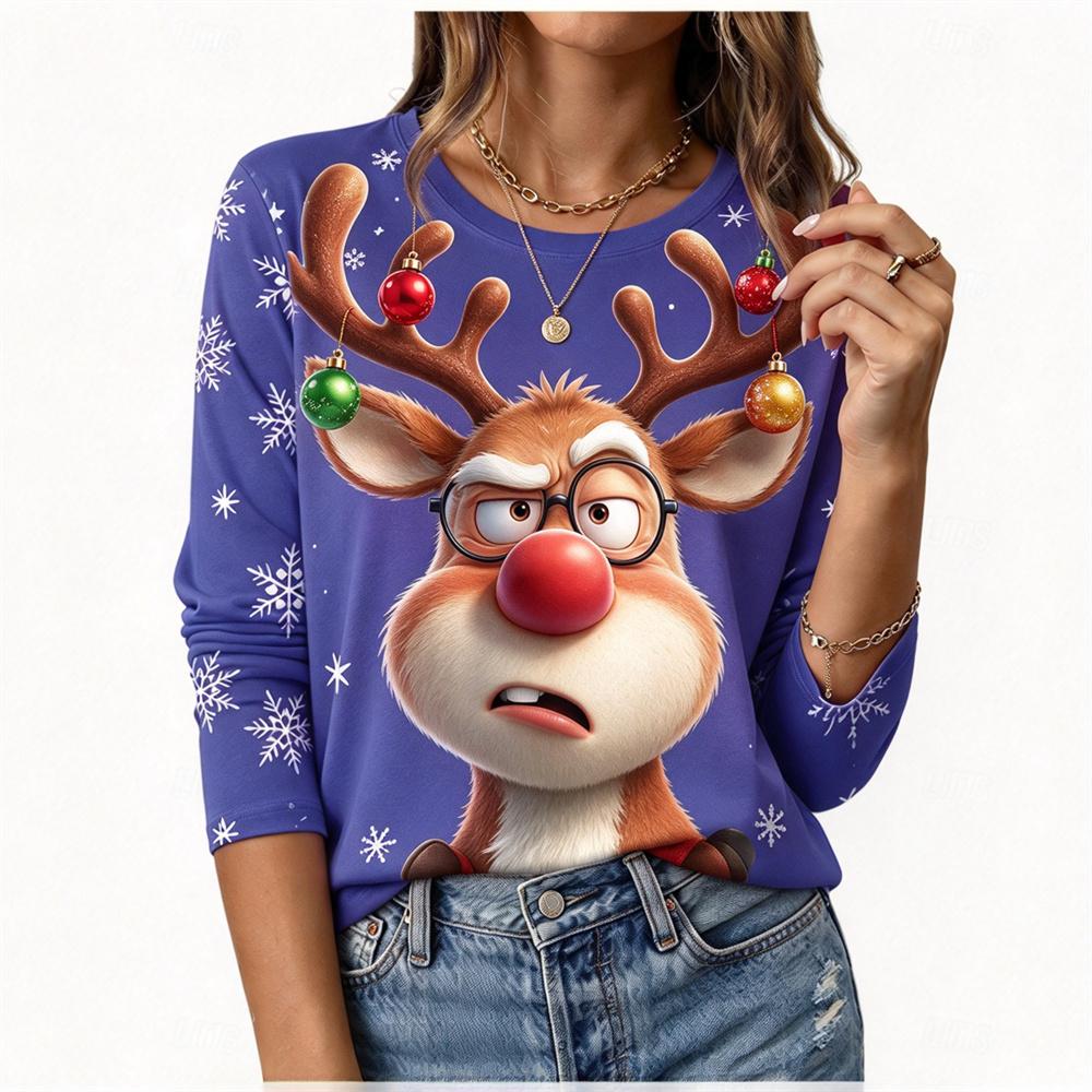 Funny Elk T-shirt Autumn/Winter Women's Christmas Long sleeved T-shirt Cotton Women Christmas Holiday Party Graphic T-shirt Tops