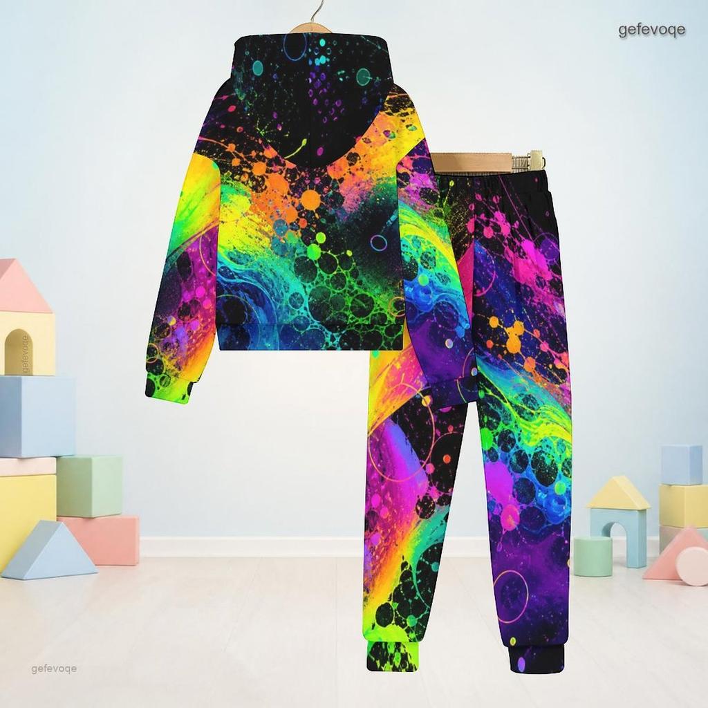 Kids Boys Girls Colorful Splash Printed Hooded Long Sleeve Sweatshirt Cuffed Pants Two Piece Set