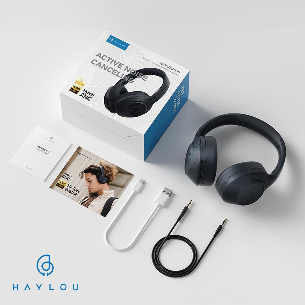 Haylou S30 Wireless Headphones to Powerful Noise Bluetooth Up to 80 Hours of Conversation Ambient Sound Capture Black Noise-Canceling [Up -43dB