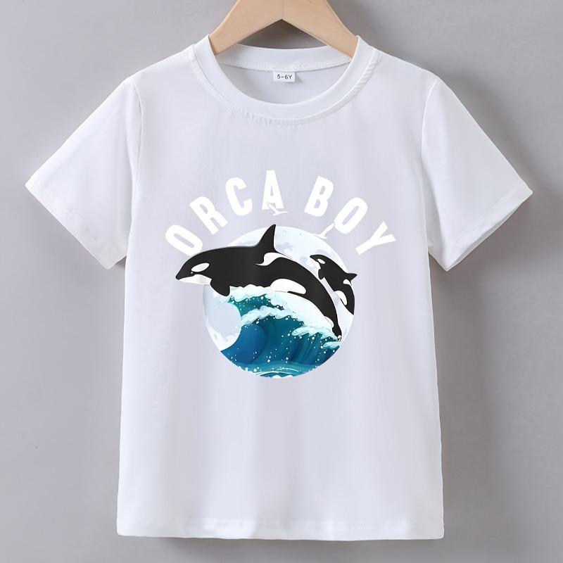 Kids Crew Neck Short Sleeve T-Shirt with Orca Whale & ORCA BOY Letter Print 110 белый
