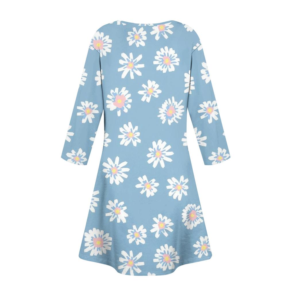 Women's Summer Dress Loose V Neck Three-quarter Sleeve Sundress With Pockets Dress