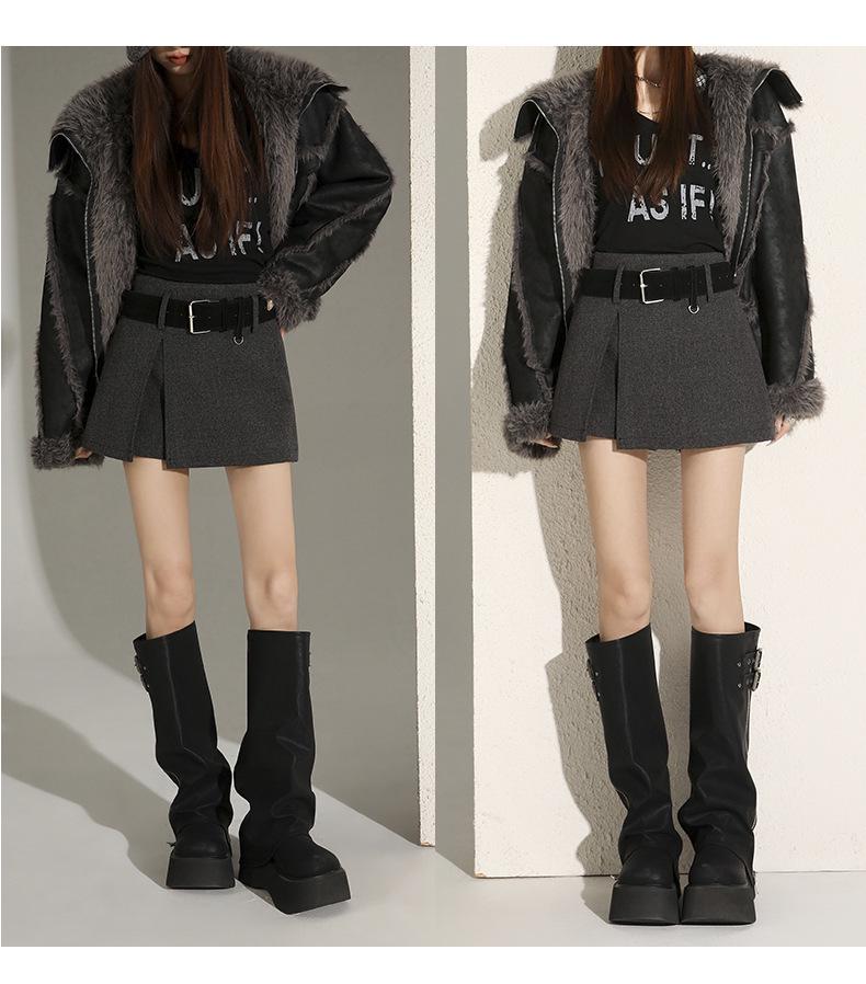 Spicy Girl Fashion Wool Plaid Skirt Shorts with Belt: Women's Autumn/Winter Anti-Exposure Design