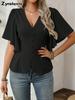 Deep V-Neck Ruched Waist Short Sleeve Top New Spring Fashion for Women