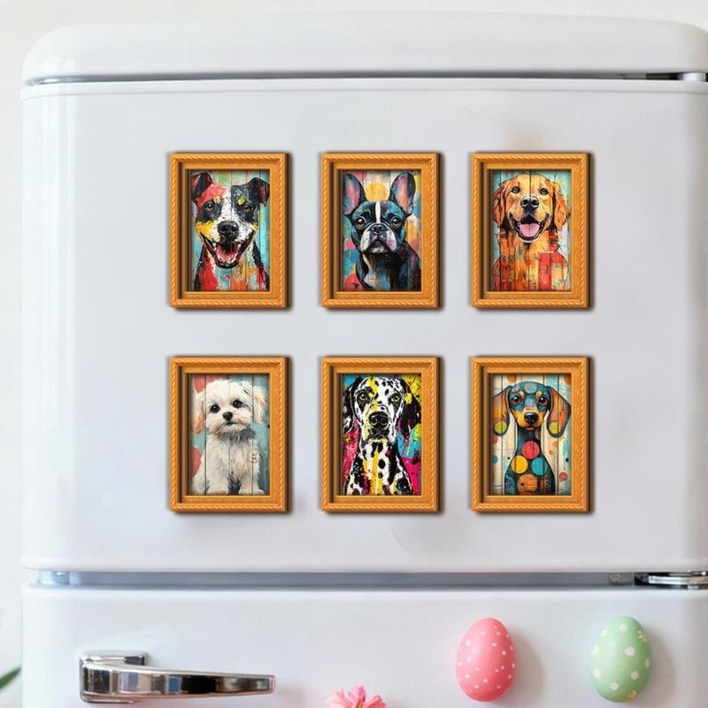 Artistic Dog Themed Refrigerator Magnets Natural Wood Frame Fridge Magnets for Kitchen Decoration