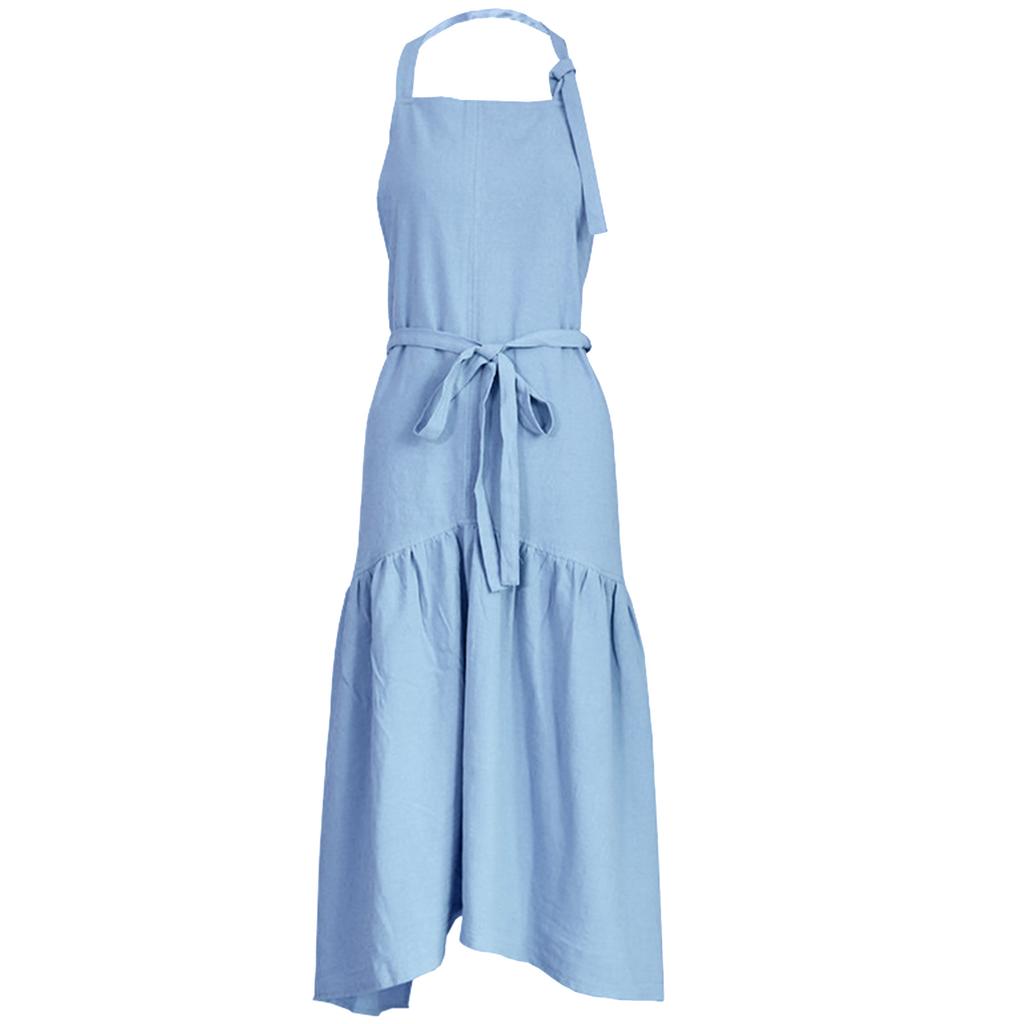 Cotton Linen Apron for Women Plain Work Apron Pinafore Dress Adjustable Casual Apron for Cooking Gardening Coffee Shop