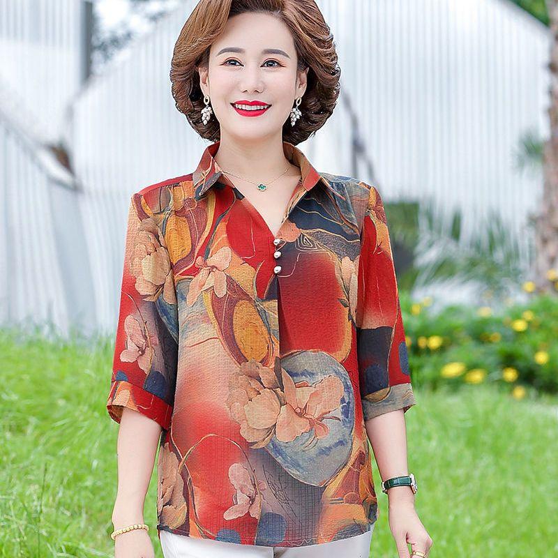 7/4-ärmad T-shirt Trendig Åldersminskande Mellanålders Äldre Topp Fyrkantig Krage Skjorta