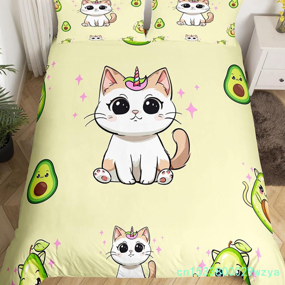 Kawaii kočičí povlak na peřinu Růžová mašlička Koťátko Ložní souprava Sladký zvířecí přikrývka Potah na přikrývku Princezna Mašlička Holčičí Polyesterový potah na přikrývku