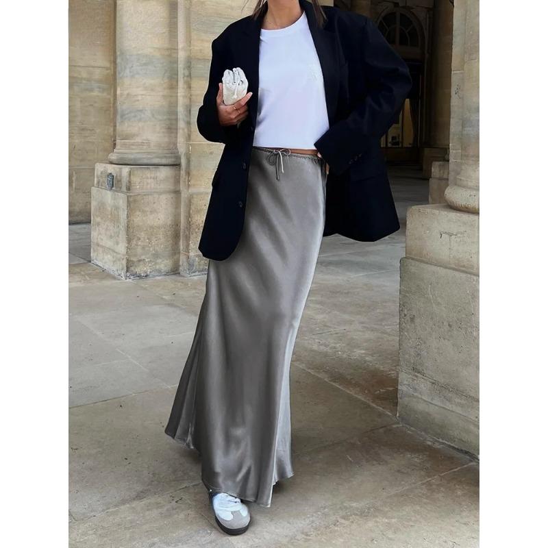 

Длинные атласные юбки трапециевидной формы Streamgirl для женщин, черные 2024, элегантные макси-юбки бежевого цвета с высокой талией, шелковая длинная юбка на шнуровке для женщин XL серый