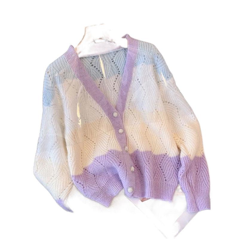 Korean Color Block V-Neck Knit Cardigan - Spring/Autumn Patchwork Sweater Top