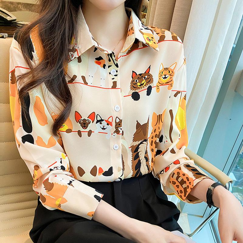 Autumn Fashion Temperament Printed Collar Chiffon Shirt Loose Top for Women Shirt