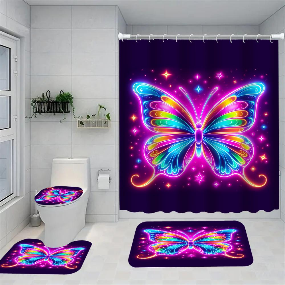 1/4 Colorful Butterfly shower Curtains, Toilet Seat Decoration, Shower Curtain with Carpet and Toilet Lid, 12 70.8x70.8 inch Hoo