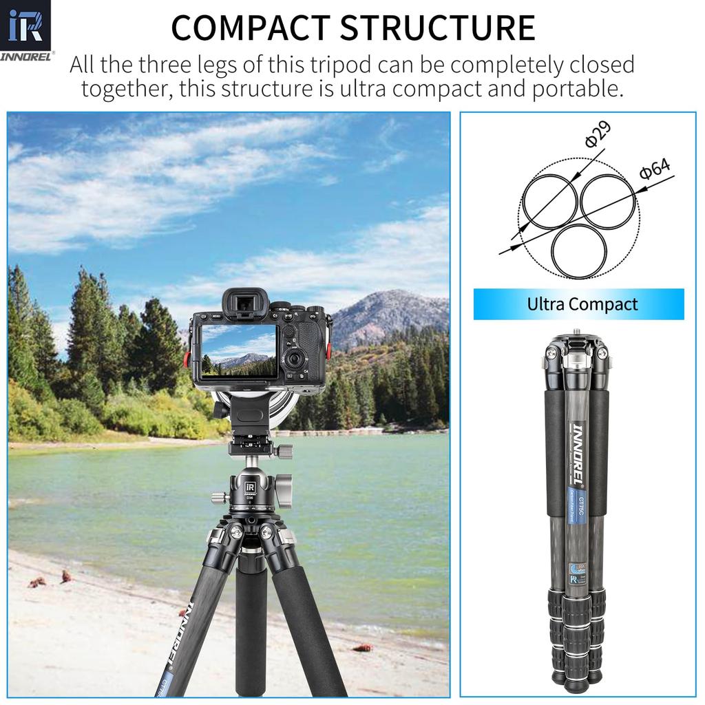 INNOREL Carbon Fiber Camera Telescopic SLR Working Pipe 20kg Maximum Load Panoramic Macro Video Digital Portable Tripod with Center Pole and Bag