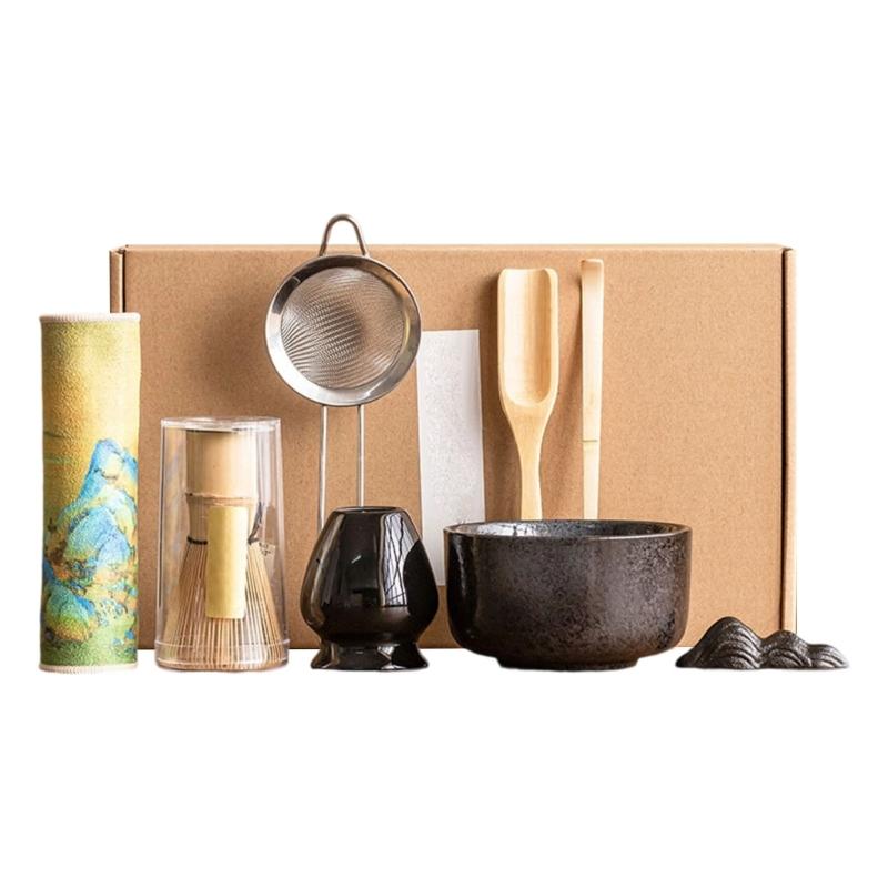 Set Of 8 Ceramic Matcha Bowl Including Wooden Whisk Modern Japanese Matcha Preparation Tool Teaware Accessories