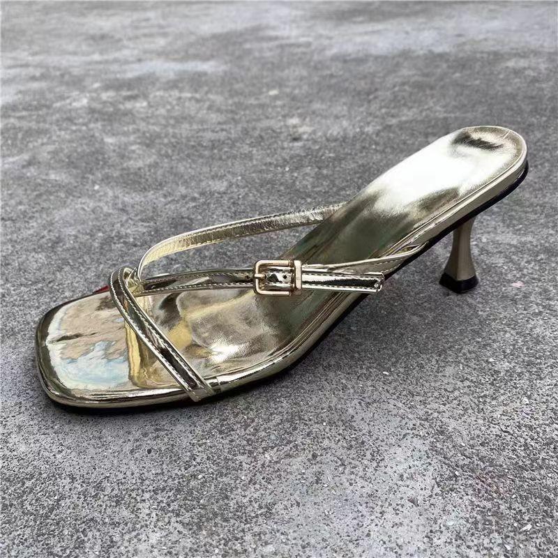 Women Slippers Square Toe Flip Flops Loafers Casual Shoes Woman Heeled Sandals Summer 2025 Trend Luxury Dress Clip Toe Slides
