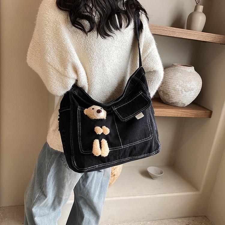 Adorable Korean Style Cartoon Denim Shoulder Bag For Students Casual Look In Blue