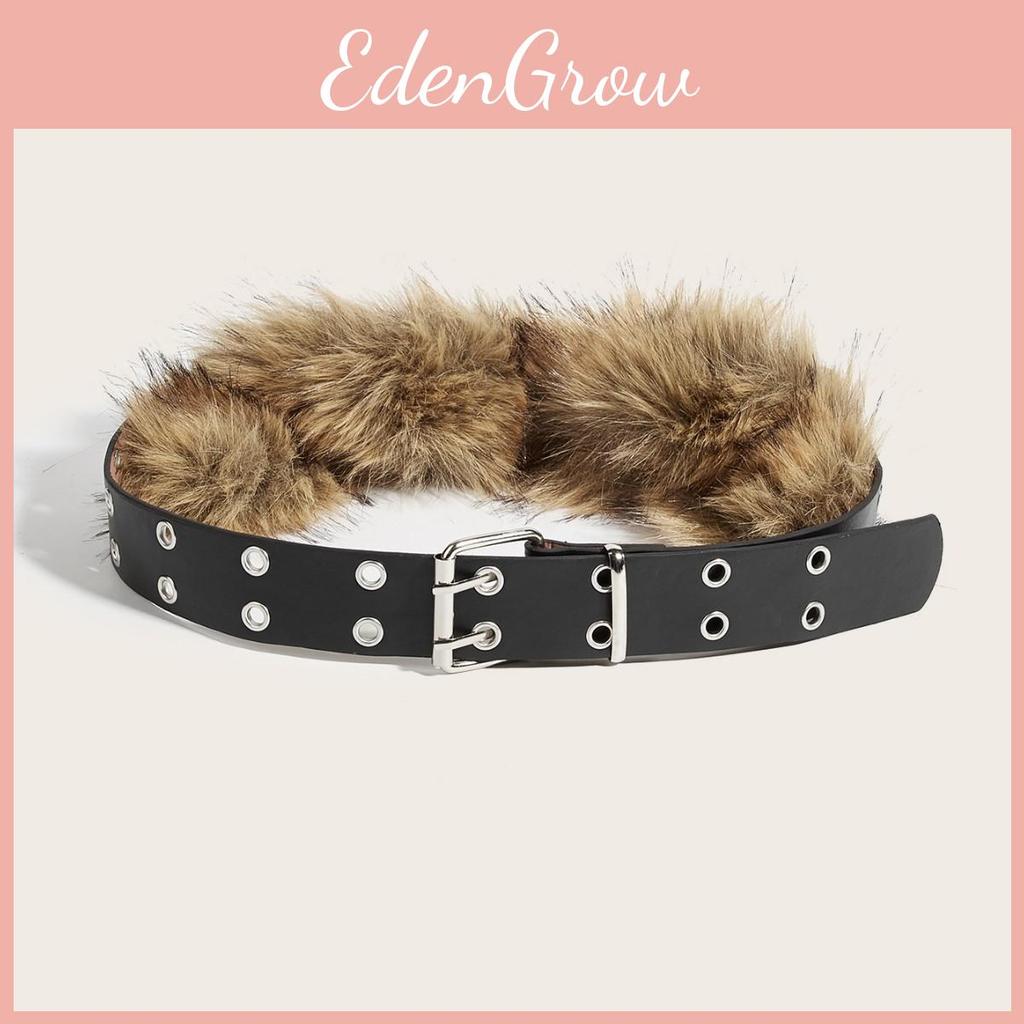 Fashion Solid Color Faux Fur Decoration Women Belt With Double Buckle Breasted
