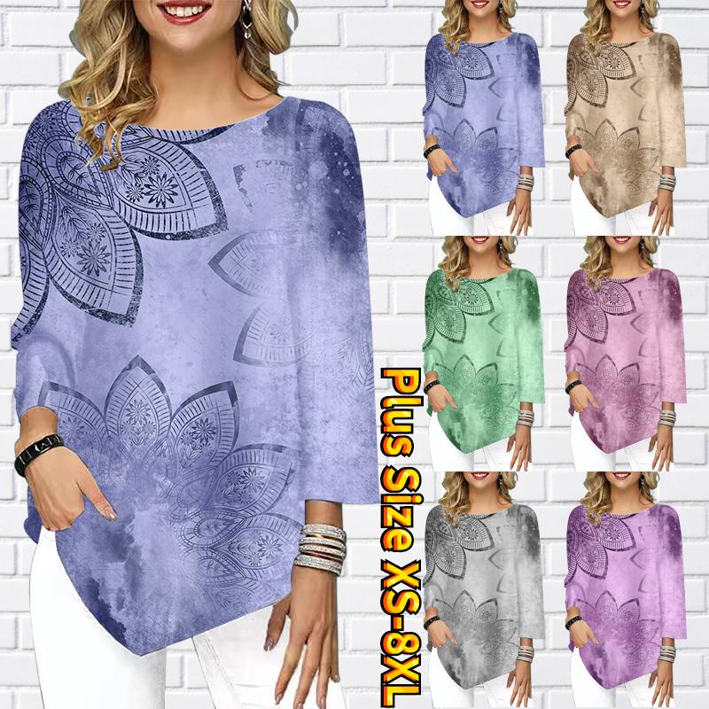 

2023 зимняя женская винтажная футболка с круглым вырезом, элегантные топы, осенняя футболка свободного размера, новый дизайн с принтом и длинными рукавами XS-8XL