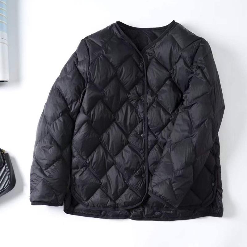 Clothing Autumn and winter rhombus round neck collarless light down jacket women's white duck down liner with casual jacket