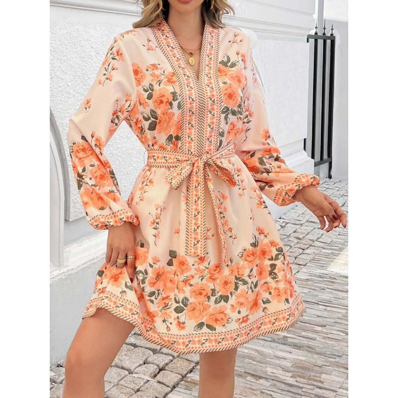 Spring Women's V-Neck Floral Print Long Sleeve Tie Dresses