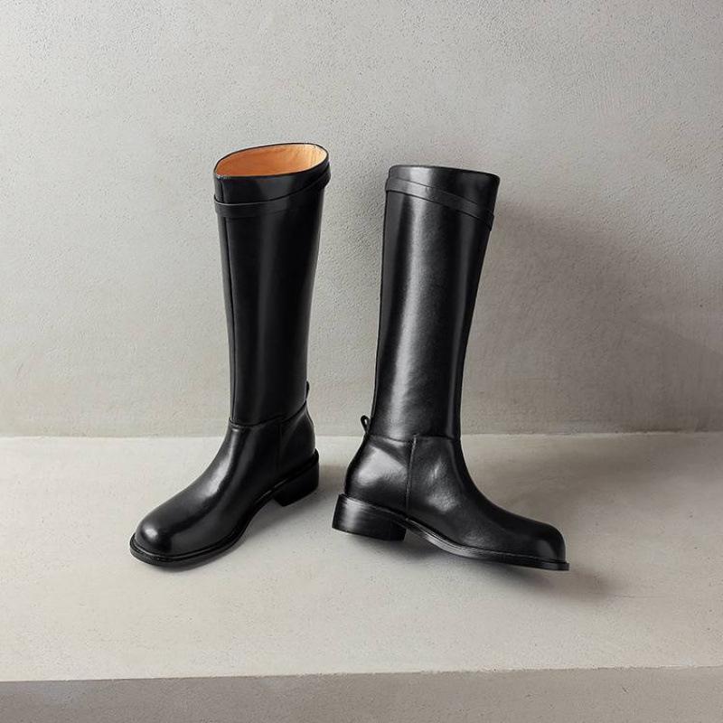 Autumn and winter women's solid leather fashion boots medium heel large size women's boots black cowhide square heel side zipper high boots