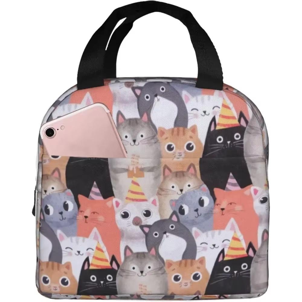 Pink Summer Fruits Watermelon Pineapple Cat Insulated Lunch Bag for Girls Reusable Lunch Tote Portable Lunch Box Cooler Bag