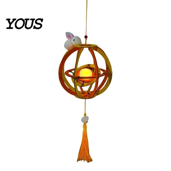 Wooden Lantern Toy DIY Kit for Mid-Autumn Festival, Hollow Rotating Ring with Rabbit, Handmade LED Candle Tassels