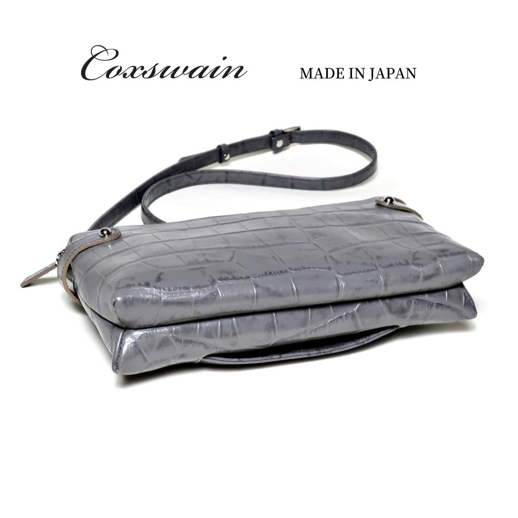 COXSWAIN Men's Crocodile Embossed Leather Clutch Bag In Gray with Strap, CW1605CS GRAY, Made In Japan
