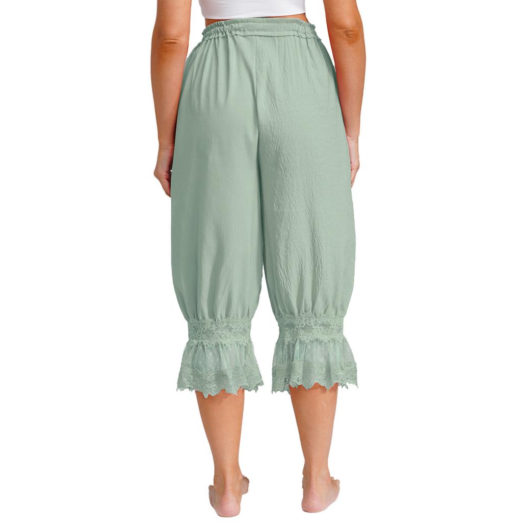 Womens Long Bloomers Loungewear Loose Harem Pants Elastic Waist Drawstring Medieval Style Midi Pants