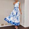 Women's One Shoulder Sleeveless Midi Dress A Line High Waist Streetwear Floral Print Summer Beach Dress
