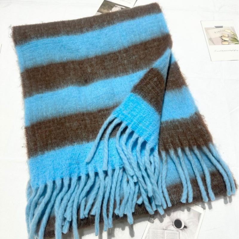 New Style Mohair Striped Colorful Scarf for Women in Winter Korean Style Thickened and Warm with Plush Scarf for Men