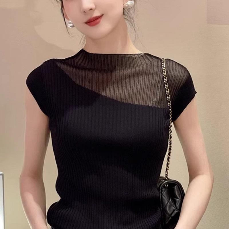 

Сетчатый красный новый французский полупрозрачный трикотаж с короткими рукавами футболка женская летняя безрукавка топ из ледяного шелка One size