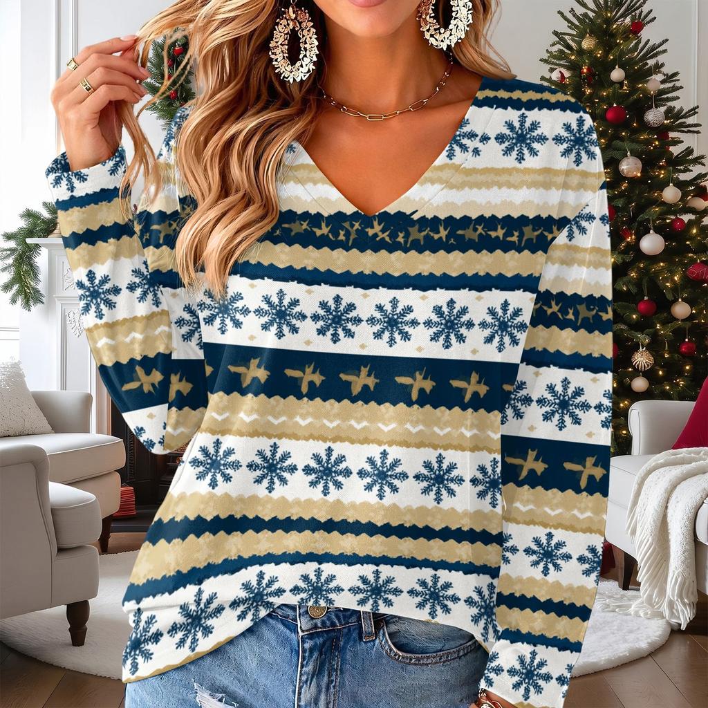 Women's V-Neck Long Sleeve Christmas Printed Lightweight Top for Spring and Summer