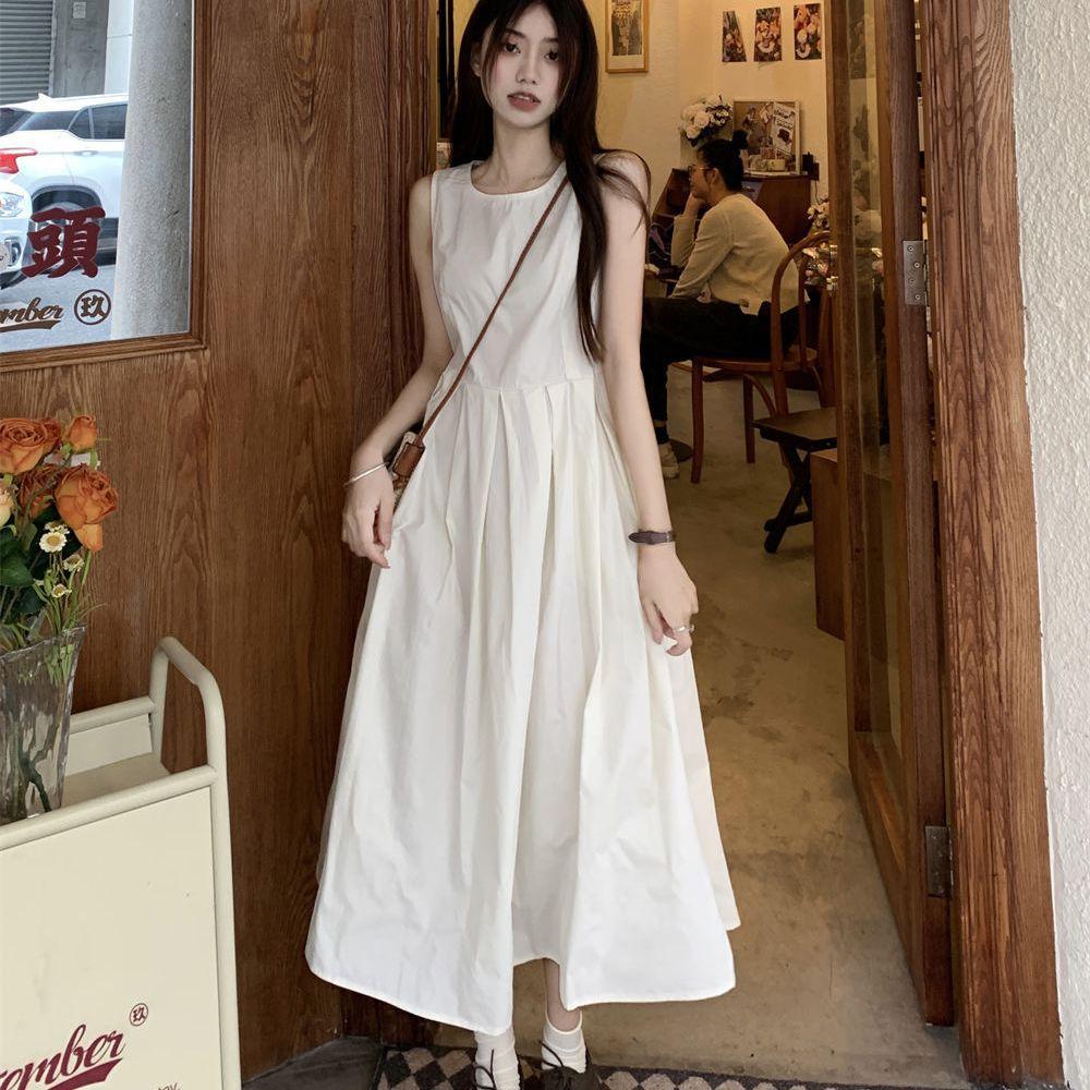 Summer new Korean women's clothing coffee break French white sleeveless dress small slim temperament vest long dress