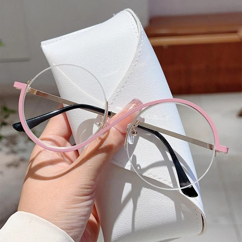 Fashion Semi-Rimless Round Frame Women's Ins Brand Design Pink Glasses Blue Light Blocking Retro Metal Decor Eyewear