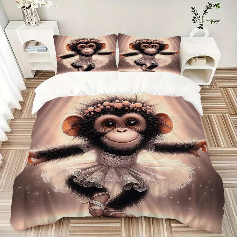 

3 шт. Аниме Набор постельного белья Обезьянка-балерина - Включает один пододеяльник и две наволочки (Нет ядра) - Домашний декор, Праздничный подарок, Полиэстер 135x200cm
