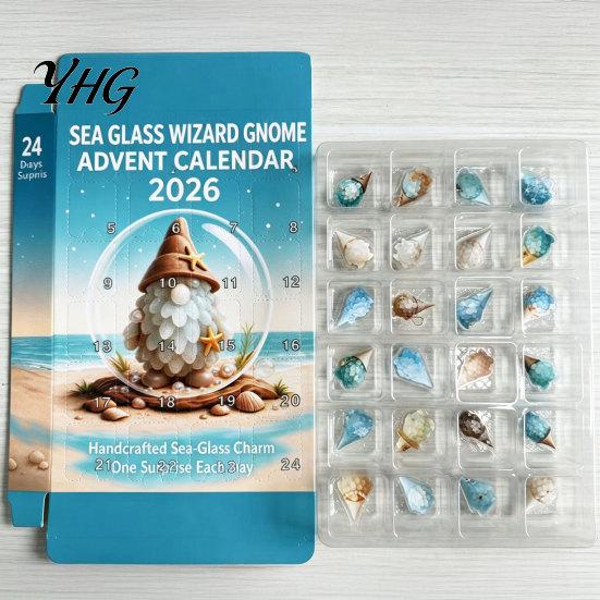 24 Days Countdown Surprise Coastal Gnome Advent Calendar, 24Pcs Acrylic 2D Sea Glass Ornament Set Creative Dwarf Hanging Pendants with String,