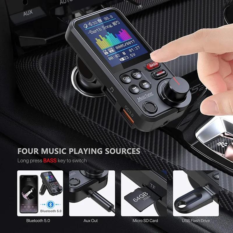 LANGJING 1.8 Inch Wireless Car Bluetooth FM Transmitter Aux Supports QC3.0 Charging Treble and Bass Sound Music Player
