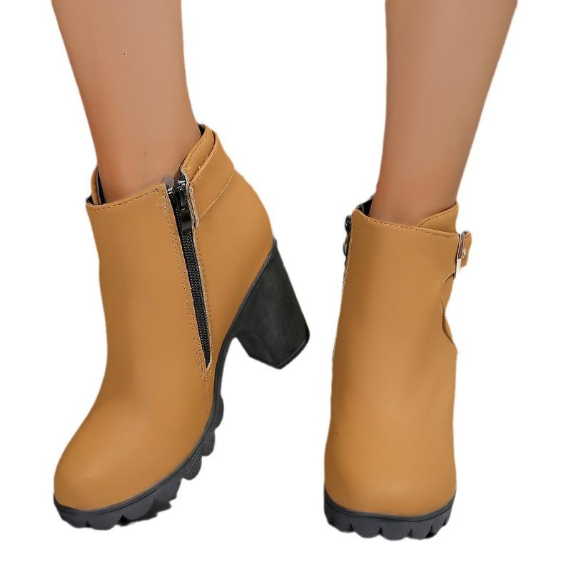 Large size boots women's autumn and winter round head belt buckle Martin boots side zipper thick heel high heel short boots