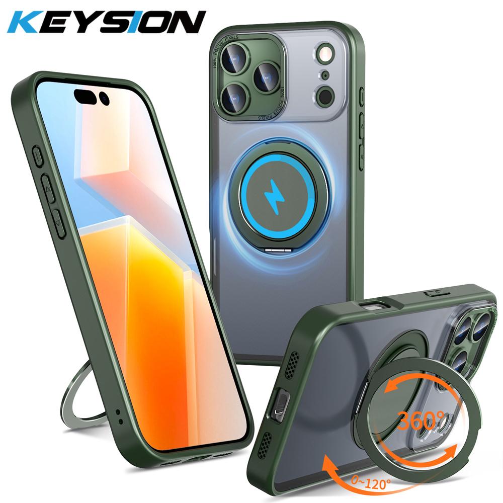 KEYSION Shockproof Matte Transparent Case for MagSafe for iPhone 17 Pro Max 360° Rotating Magnetic Ring Stand Phone Back Cover