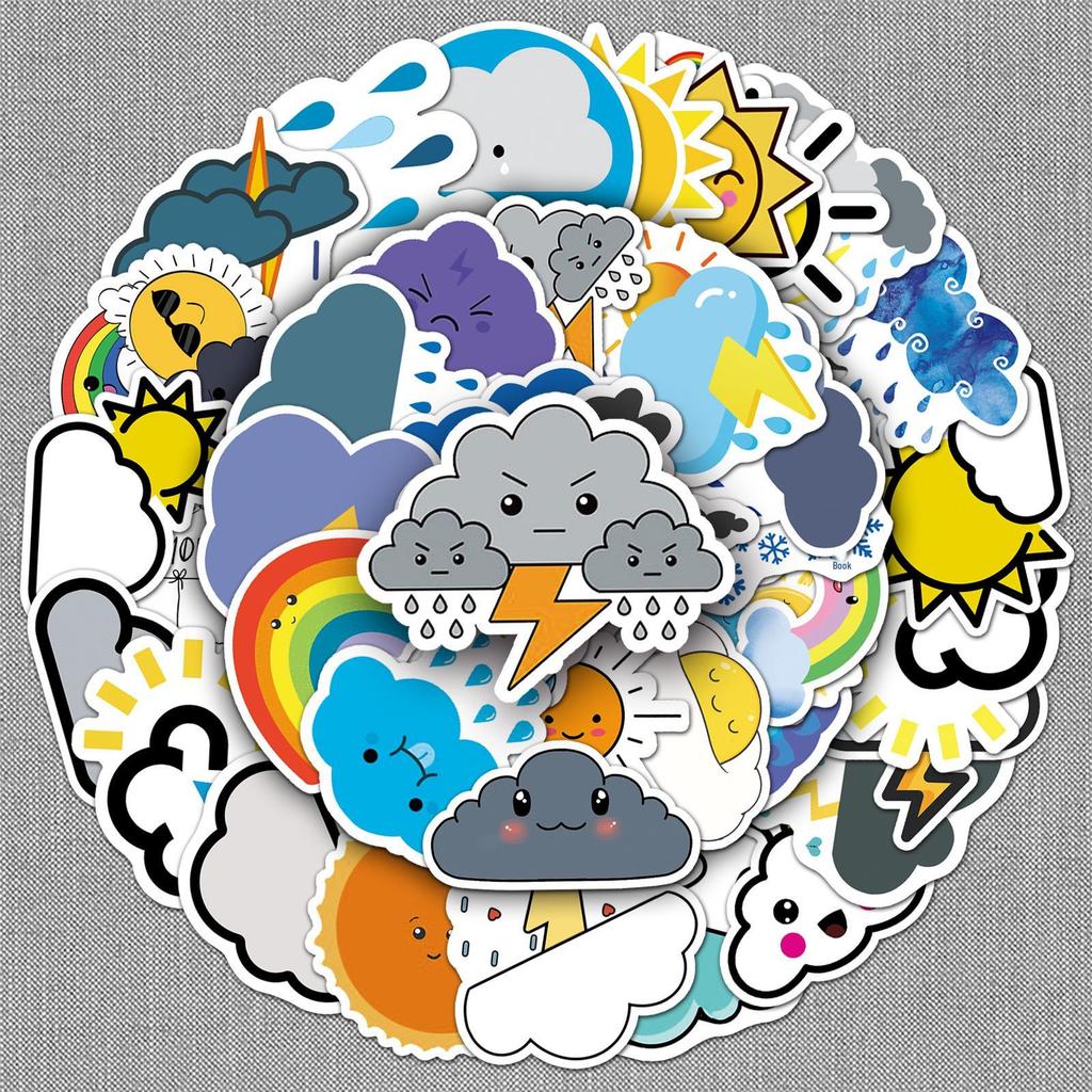 50 Weather Doodle Cartoon Stickers: Waterproof, DIY Rewards for Kids' Water Bottles & Suitcases