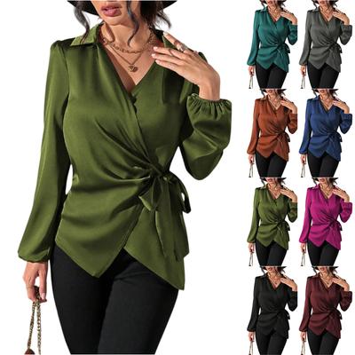 Women's Fashionable Solid Color V-neck Long Sleeved Tie Up Waist Casual Shirt Top