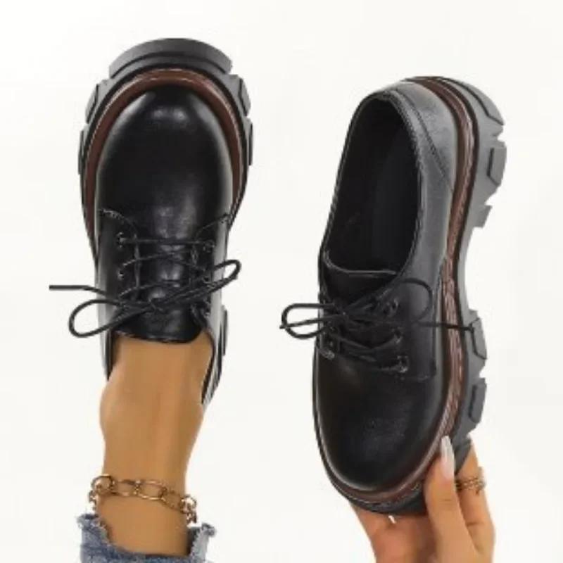 Fashion 2024 New British Style Thick Bottom Winter Warm Girl's Shoes Women's Autumn and Winter Black Leather Shoes Oversized Shoes