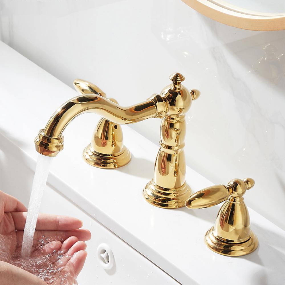 

Смеситель для ванной комнаты Stenoc Gold Brass с тремя отверстиями, для раковины, для крепления на палубе, с двумя ручками управления, черный смеситель для холодной и горячей воды