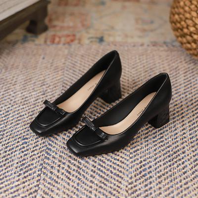 Moda Nuevos Zapatos de Tacón Grueso Nuevos Zapatos de Salón de Punta Cuadrada para Mujer Escotados con Lazo Tacón Medio Zapatos de Abuelita