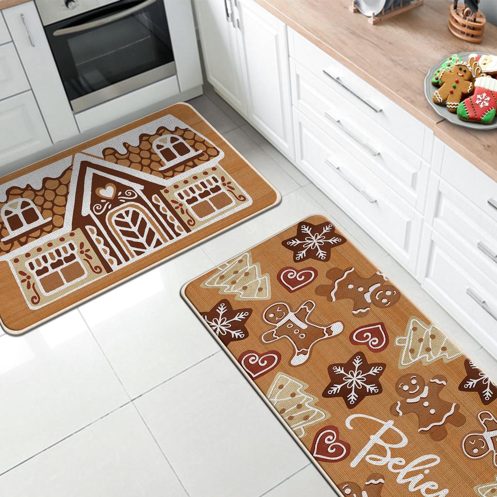 2-Piece Christmas Kitchen Rug Set, Gingerbread House Bathroom & Kitchen Mats, Stain-Resistant Non-Slip Home Decor